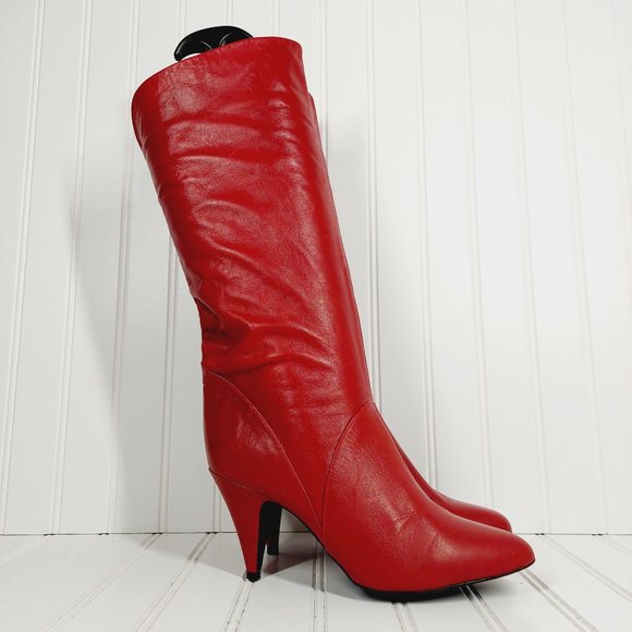 Bandits Soft Red Leather Knee High Slip On Heeled Tall Boots A901 - Picture 5 of 16